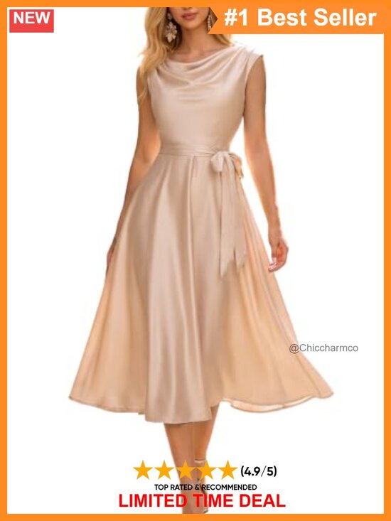 Dresses & Skirts - A Line Satin Cocktail Dress Cowl Neck Sleeveless Midi Formal Evening Gown